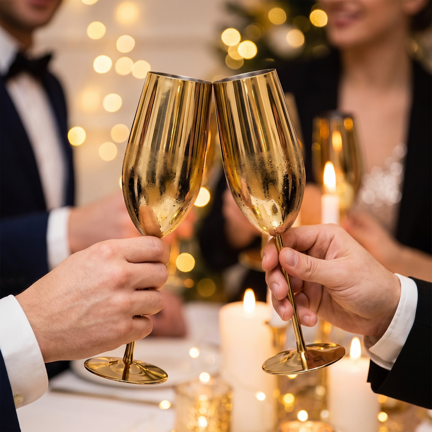 Gold stainless steel champagne flutes raised in a celebratory toast with warm bokeh lights
