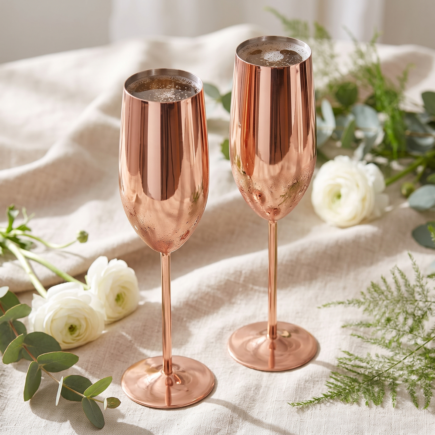 Rose gold stainless steel champagne flutes filled with sparkling wine in a close-up styled shot