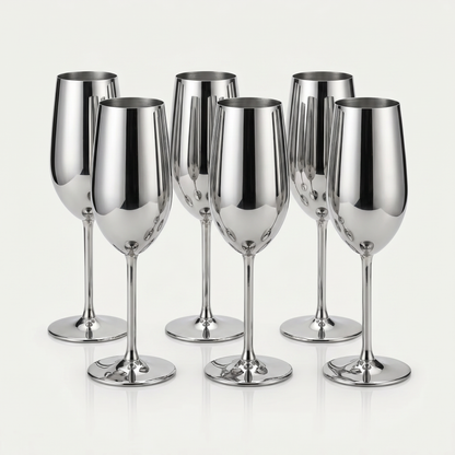 Set of six silver stainless steel stemmed champagne flutes with a mirror-polished finish on a clean off-white background