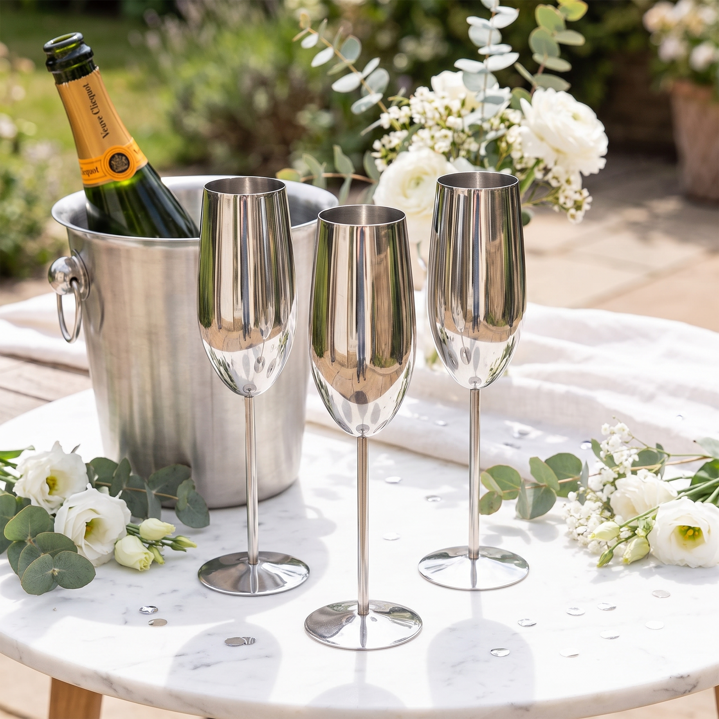 Silver stainless steel champagne flutes arranged on a modern celebration table with a bottle of champagne