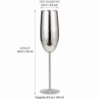 Stainless steel champagne glass dimensions diagram showing height 9.8 inches / 25 cm, top diameter 2.6 inches / 6.5 cm, and 8.5 oz / 250 ml capacity