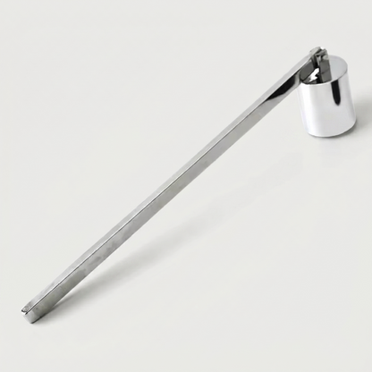 Silver stainless steel candle snuffer on white background