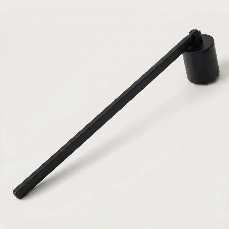 Black stainless steel candle snuffer on white background