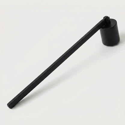 Black stainless steel candle snuffer on white background