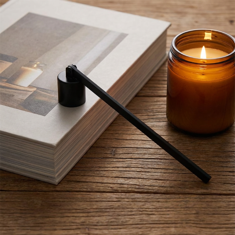 Black stainless steel candle snuffer on books beside candle jar