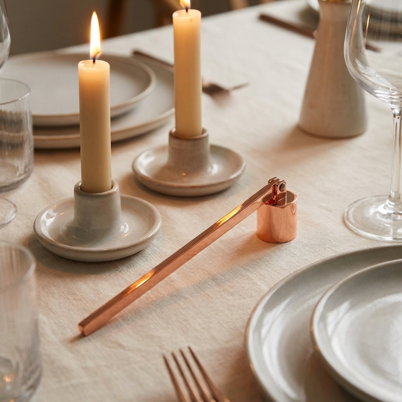Rose gold stainless steel candle snuffer on dining table beside taper candles