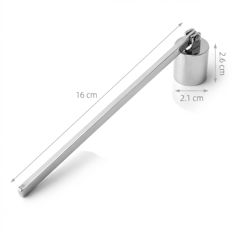 Silver stainless steel candle snuffer dimensions graphic on white background