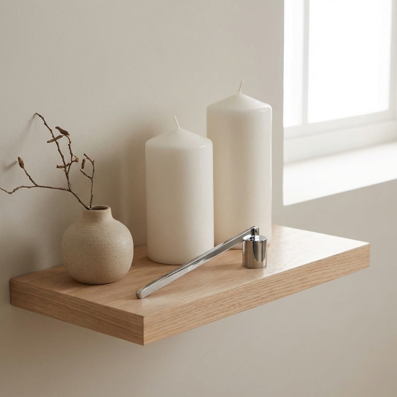 Silver stainless steel candle snuffer on floating shelf with candles