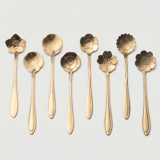 Set of gold floral spoons on a light gray background