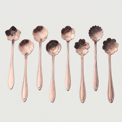 Set of rose gold floral spoons on a light gray background
