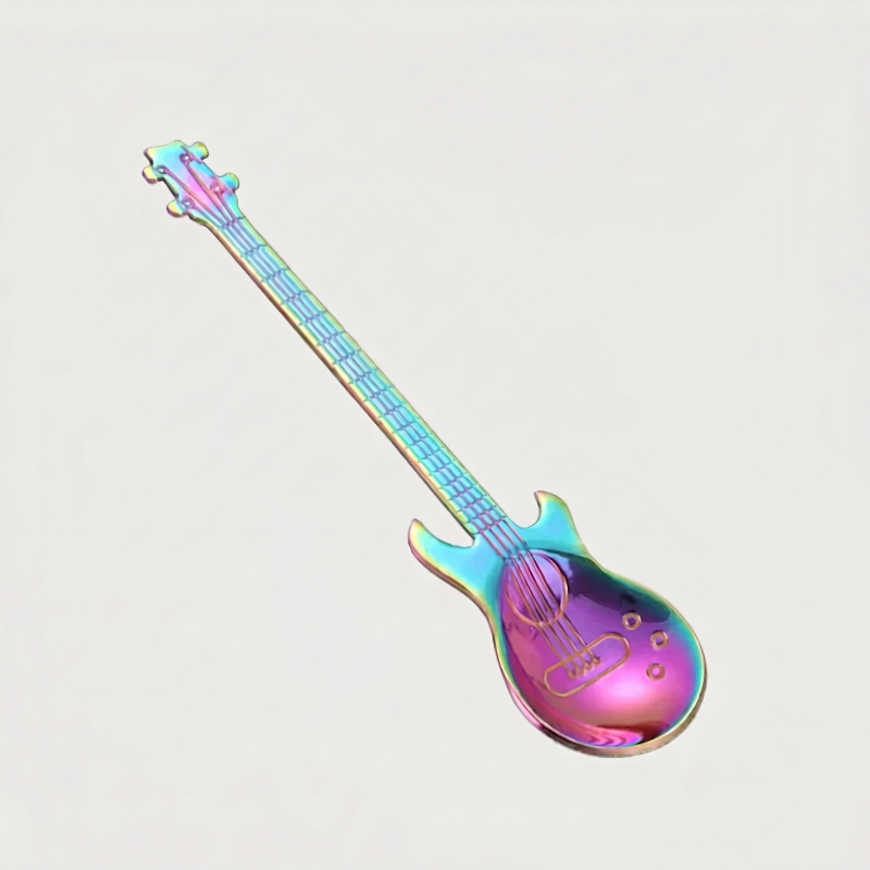 Iridescent stainless steel guitar spoon on white background