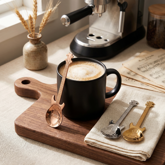Stainless steel guitar spoons set of 3 beside coffee mug on wooden tray