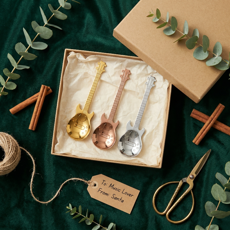 Stainless steel guitar spoons in gift box with ribbon and dried leaves