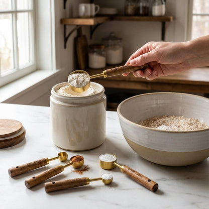 Stainless steel measuring spoon scooping dry ingredients