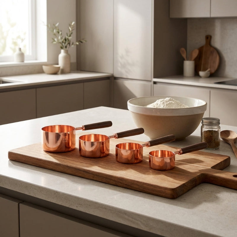 Copper measuring cups on a wooden cutting board with a kitchen background