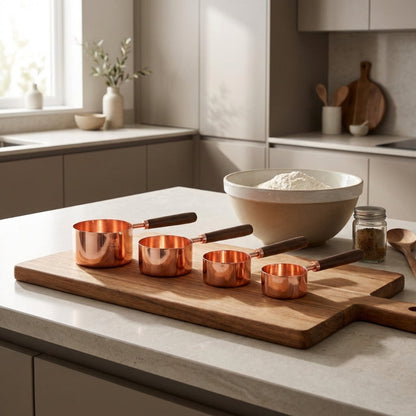 Copper measuring cups on a wooden cutting board with a kitchen background