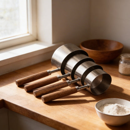 Set of metal measuring cups with wooden handles on a wooden surface near a window.