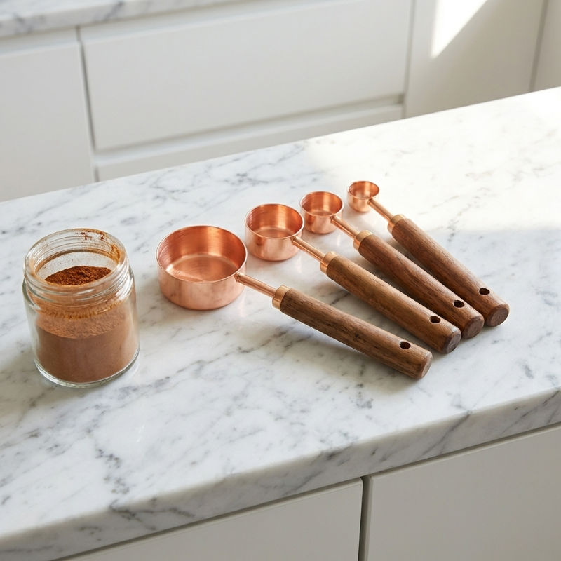 Copper measuring spoons set of 4 beside bowl on white counter