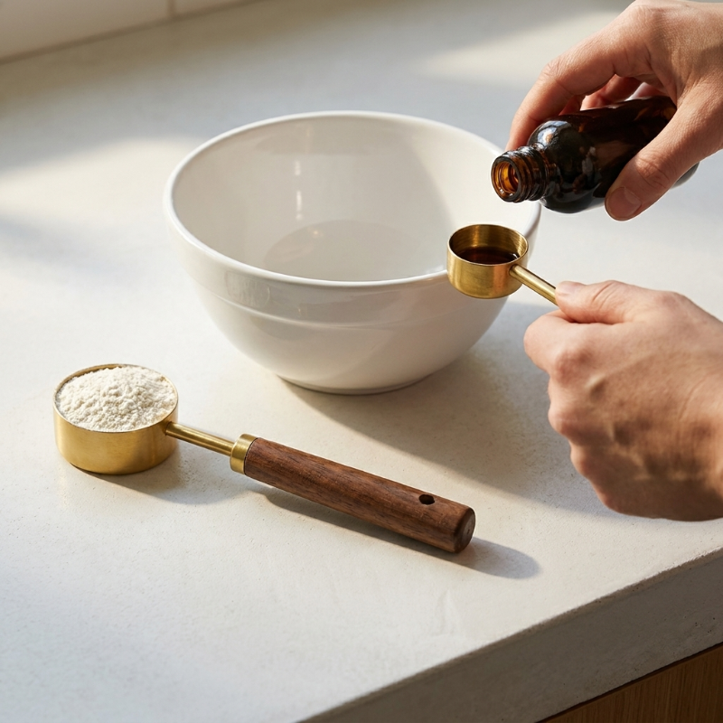 Stainless steel measuring spoon being used over mixing bowl