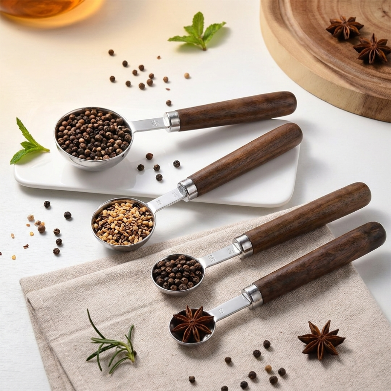 Stainless steel measuring spoons set of 4 with spices on white background