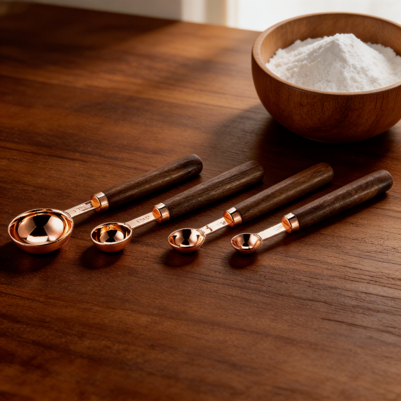 Set of wooden measuring spoons with rose gold accents on a wooden surface next to a bowl of flour.