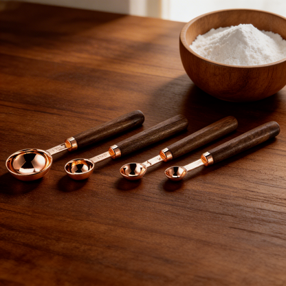 Set of wooden measuring spoons with rose gold accents on a wooden surface next to a bowl of flour.