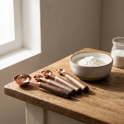Measuring cups and a bowl of flour on a wooden surface with natural light.