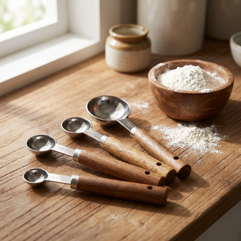 Stainless steel measuring spoons set of 4 with wood handles on wooden counter