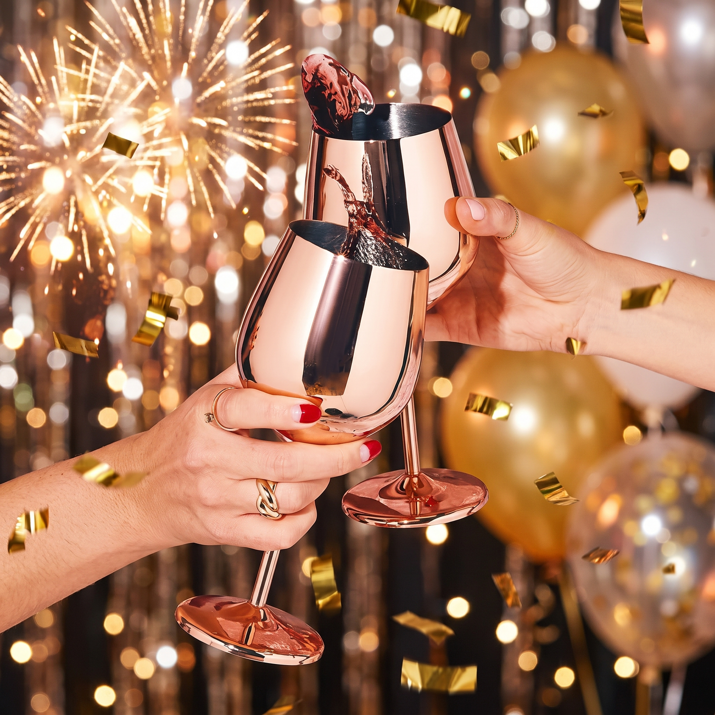 Rose gold stainless steel wine glasses raised in a New Year's Eve toast with gold confetti and sparkling bokeh