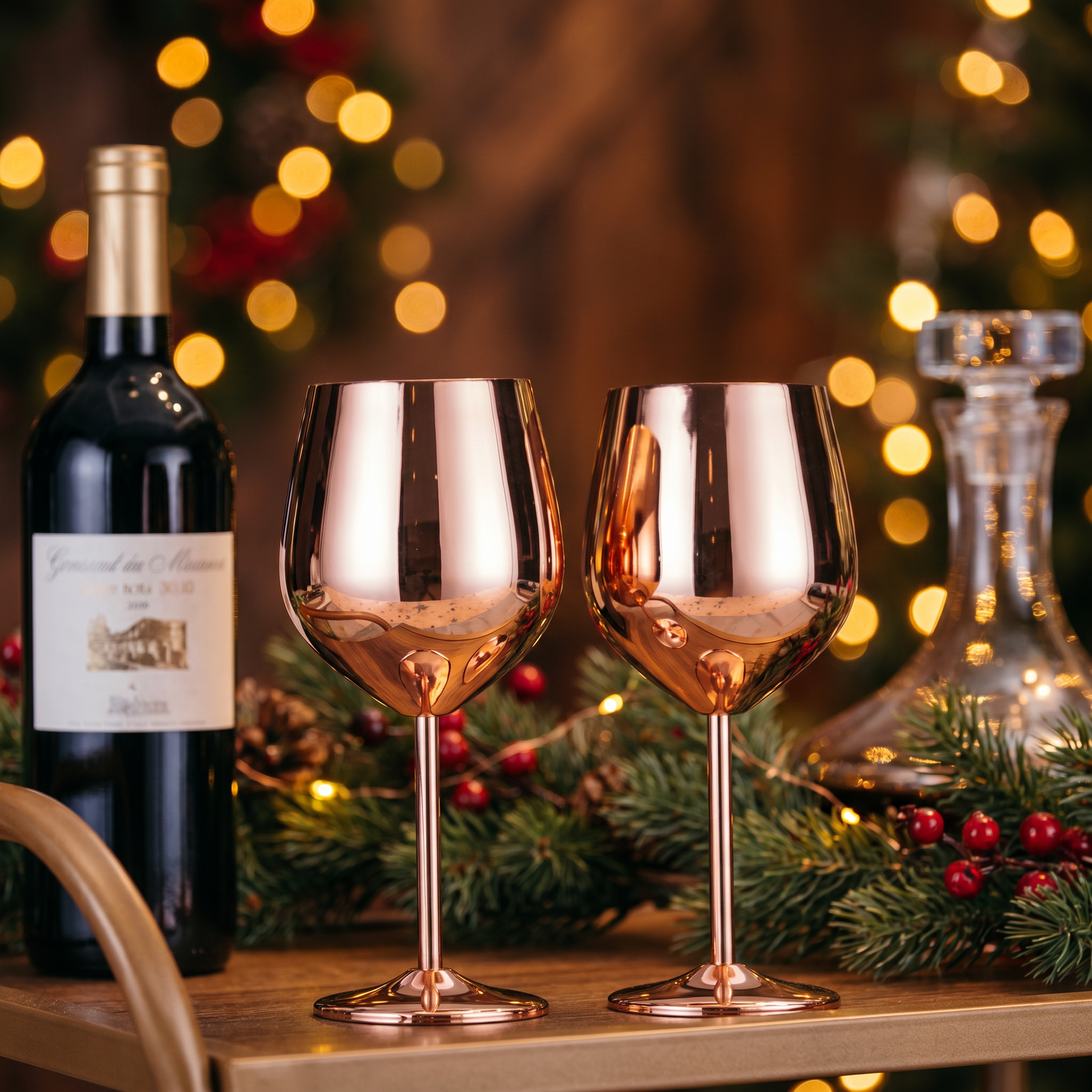 Rose gold stainless steel wine glasses on a festive Christmas holiday table with twinkling tree lights