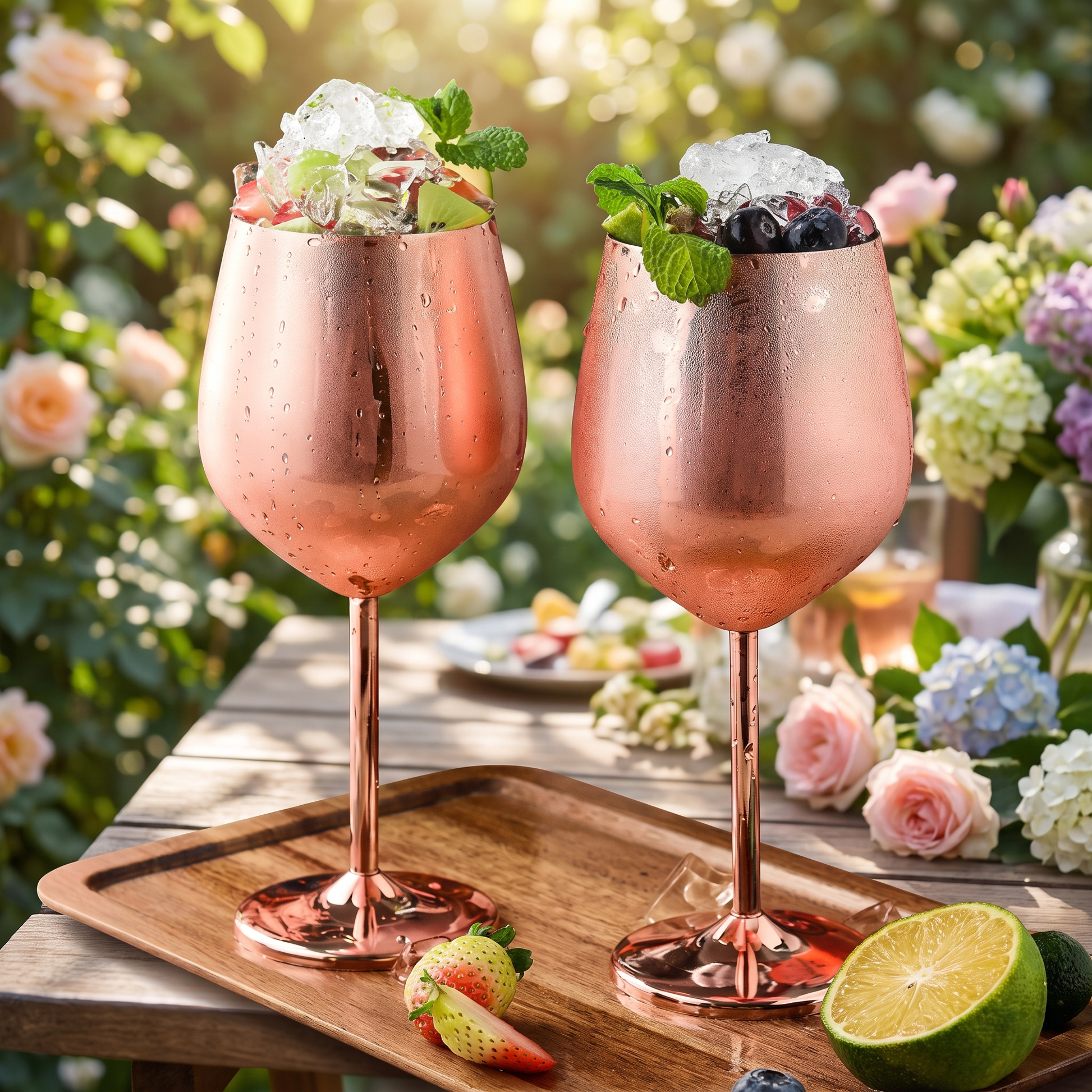 Rose gold stainless steel wine glasses filled with cocktails and fresh garnish at a summer garden party