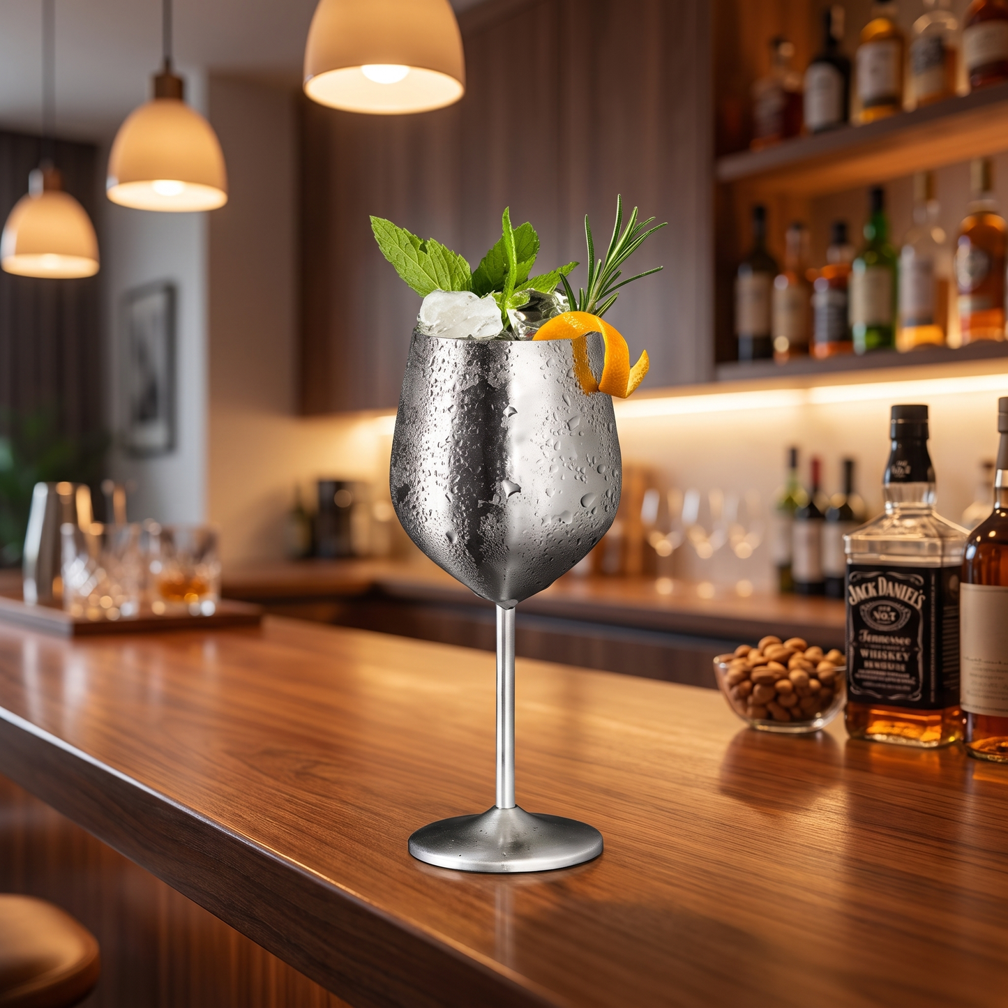 Single satin silver stainless steel wine glass with a chilled cocktail and mint garnish on a dark surface
