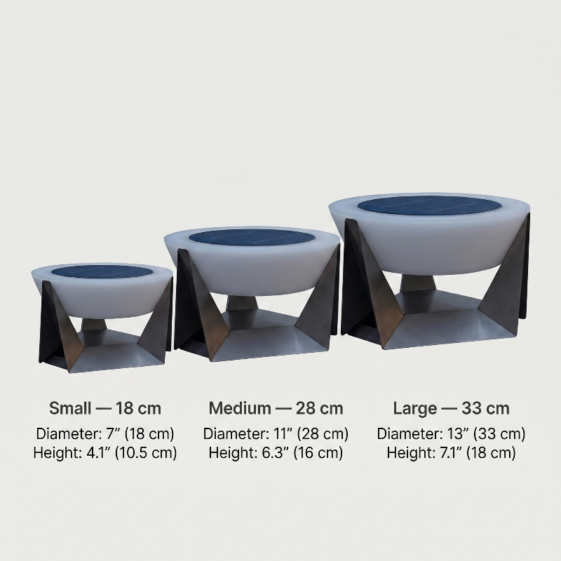Stainless steel solar lamps dimensions graphic showing size options