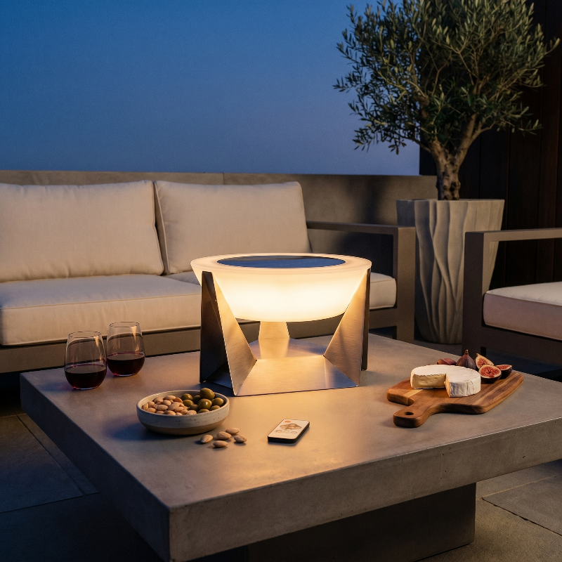 Stainless steel solar lamp on an outdoor coffee table with drinks