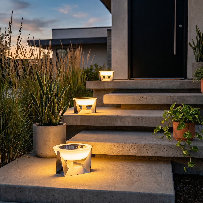 Stainless steel solar lamp on patio steps in a landscaped yard