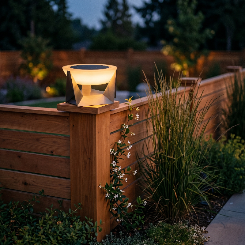 Stainless steel solar lamp beside a wood privacy screen on a deck