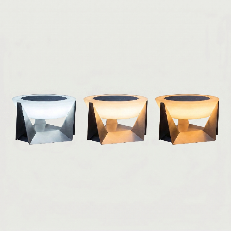 Stainless steel solar lamps shown in three finishes on white background