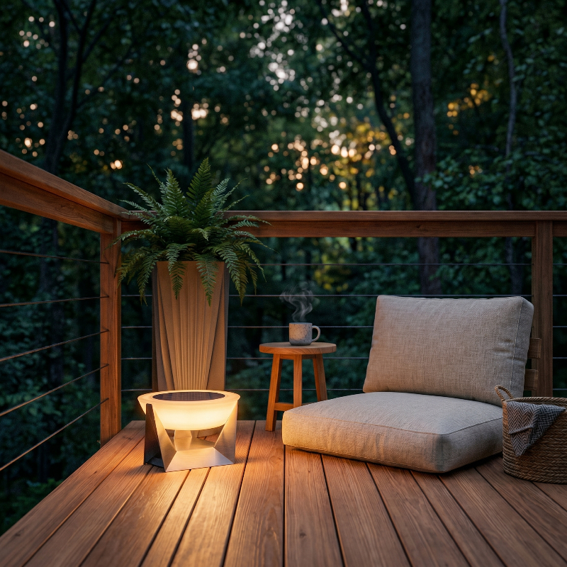 Stainless steel solar lamp on deck beside lounge chair in warm evening light