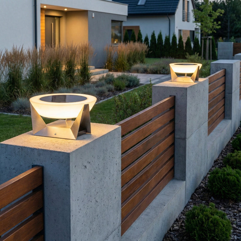 Modern outdoor setting with a concrete and wooden bench and illuminated lamp.