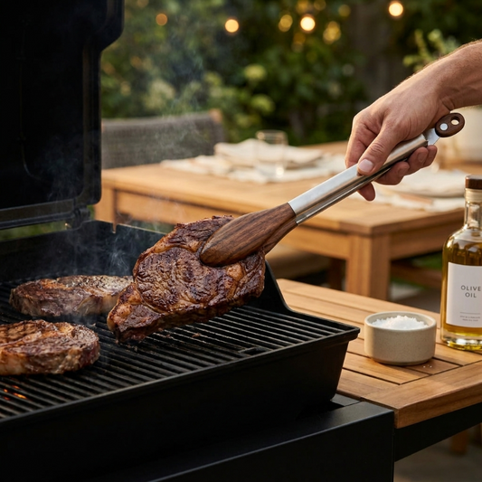 Stainless steel and wood tongs grilling steak outdoors