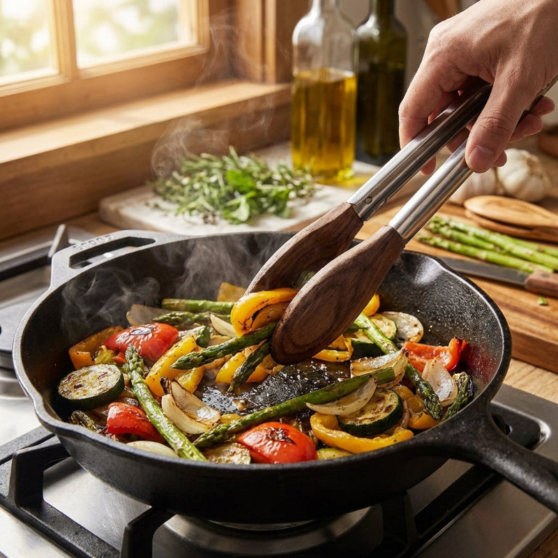 Stainless steel tongs with wooden tips in kitchen
