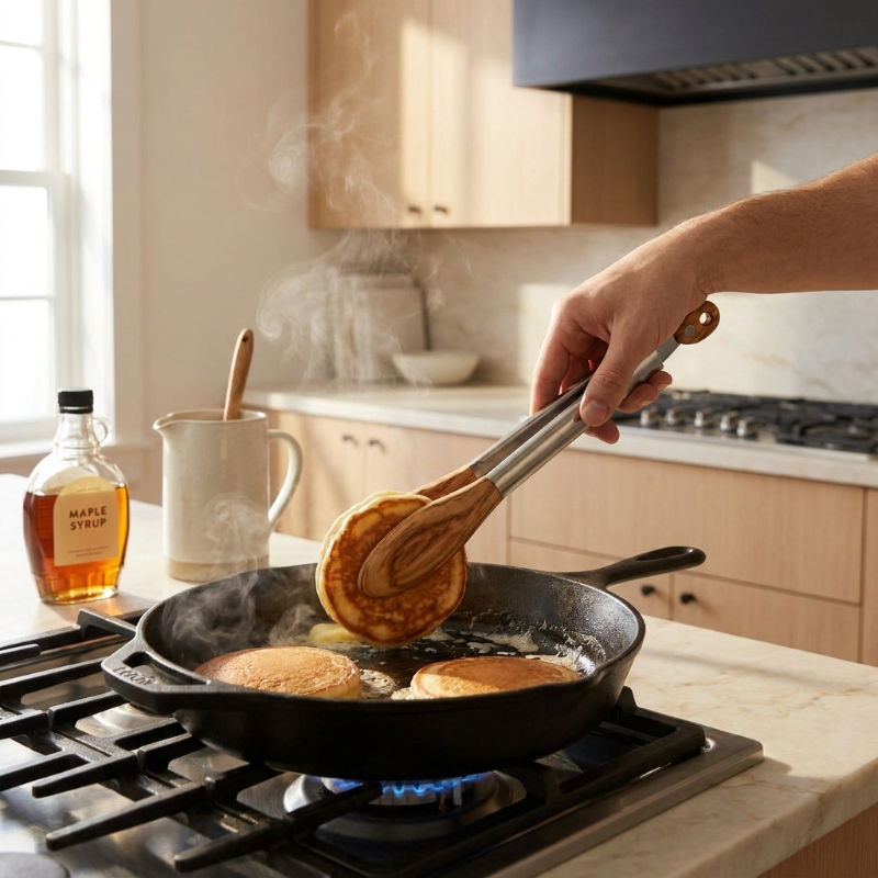 Stainless steel and wood tongs cooking food in frying pan