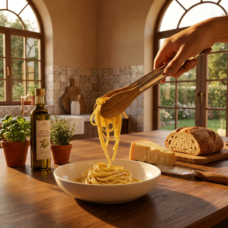 Person serving pasta from a wooden stainless steel tongs into a bowl on a wooden table with olive oil, bread, and cheese.