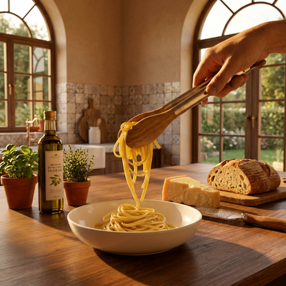 Person serving pasta from a wooden stainless steel tongs into a bowl on a wooden table with olive oil, bread, and cheese.