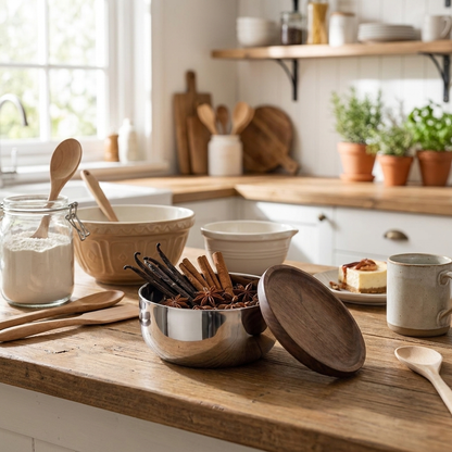 Stainless steel walnut-lid bowl with baking ingredients on a kitchen counter, Kiyo Home