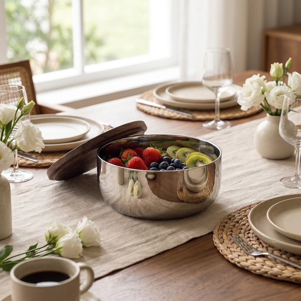Stainless steel walnut-lid bowl with fresh fruit on a dining table, Kiyo Home set of 2