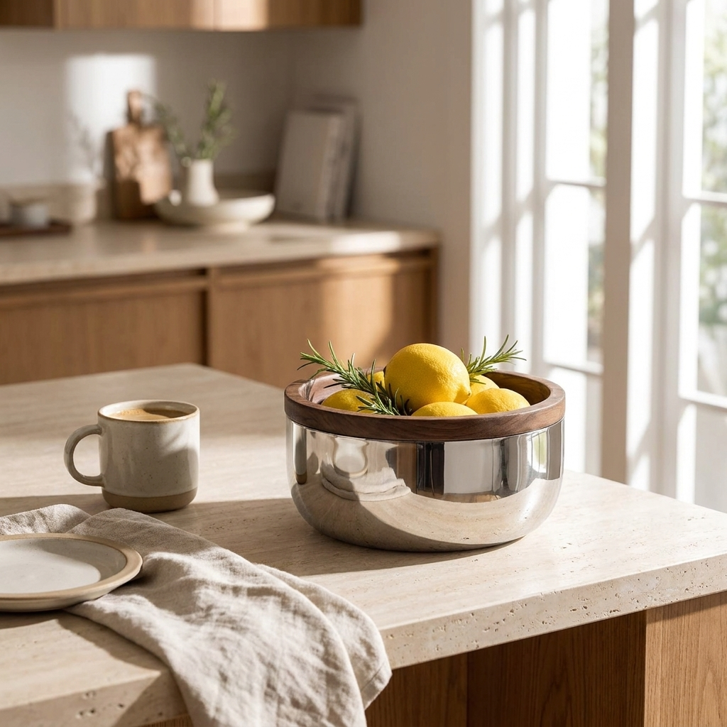 Stainless steel walnut-lid bowl with lemons on a stone counter, Kiyo Home