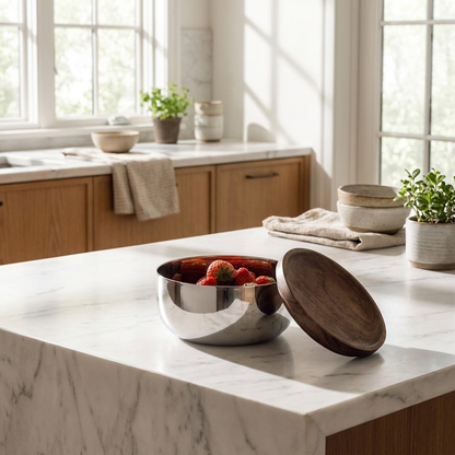 Stainless steel walnut-lid bowl with strawberries on a marble counter, Kiyo Home