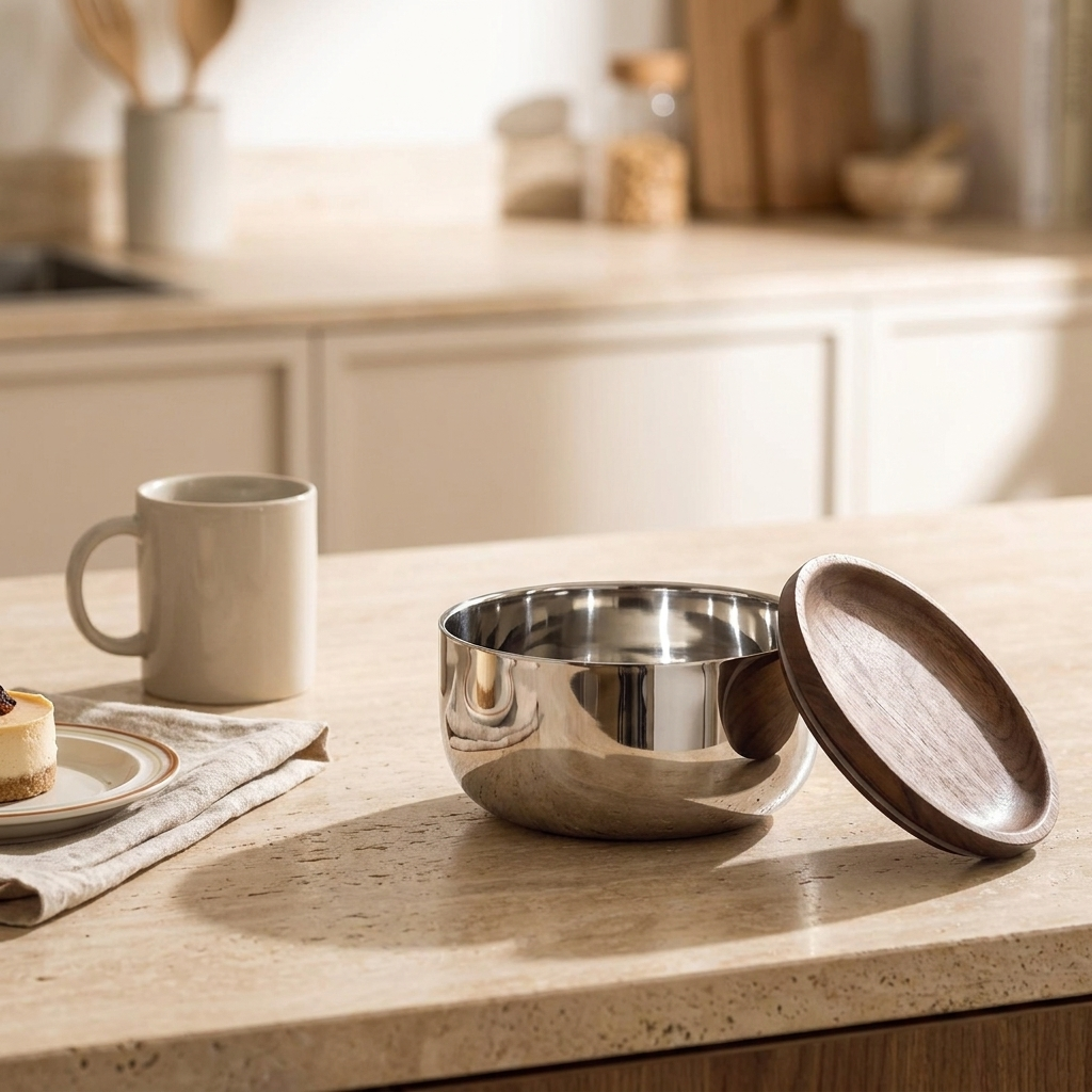 Stainless steel bowl with its walnut wood lid off on a kitchen counter, Kiyo Home set of 2