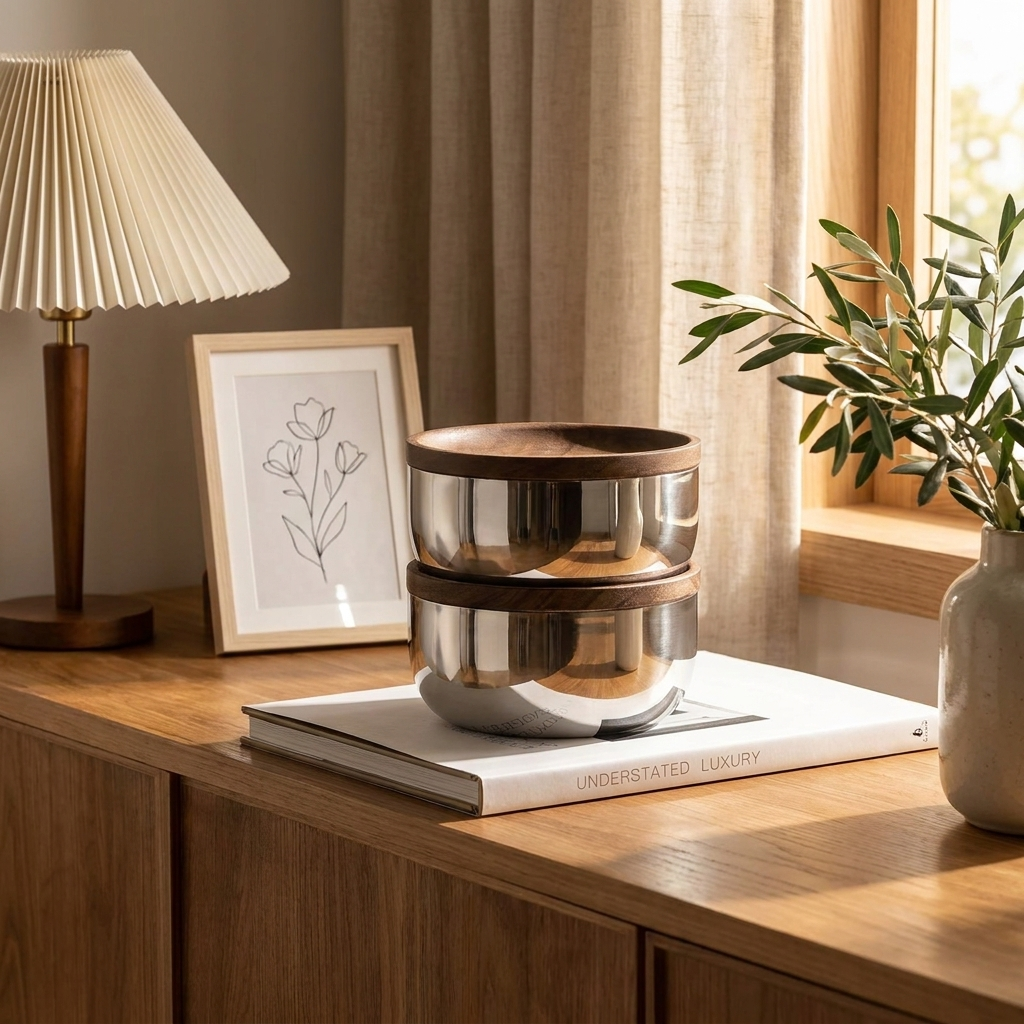 Stainless steel walnut-lid bowls stacked on a sideboard with a lamp, Kiyo Home